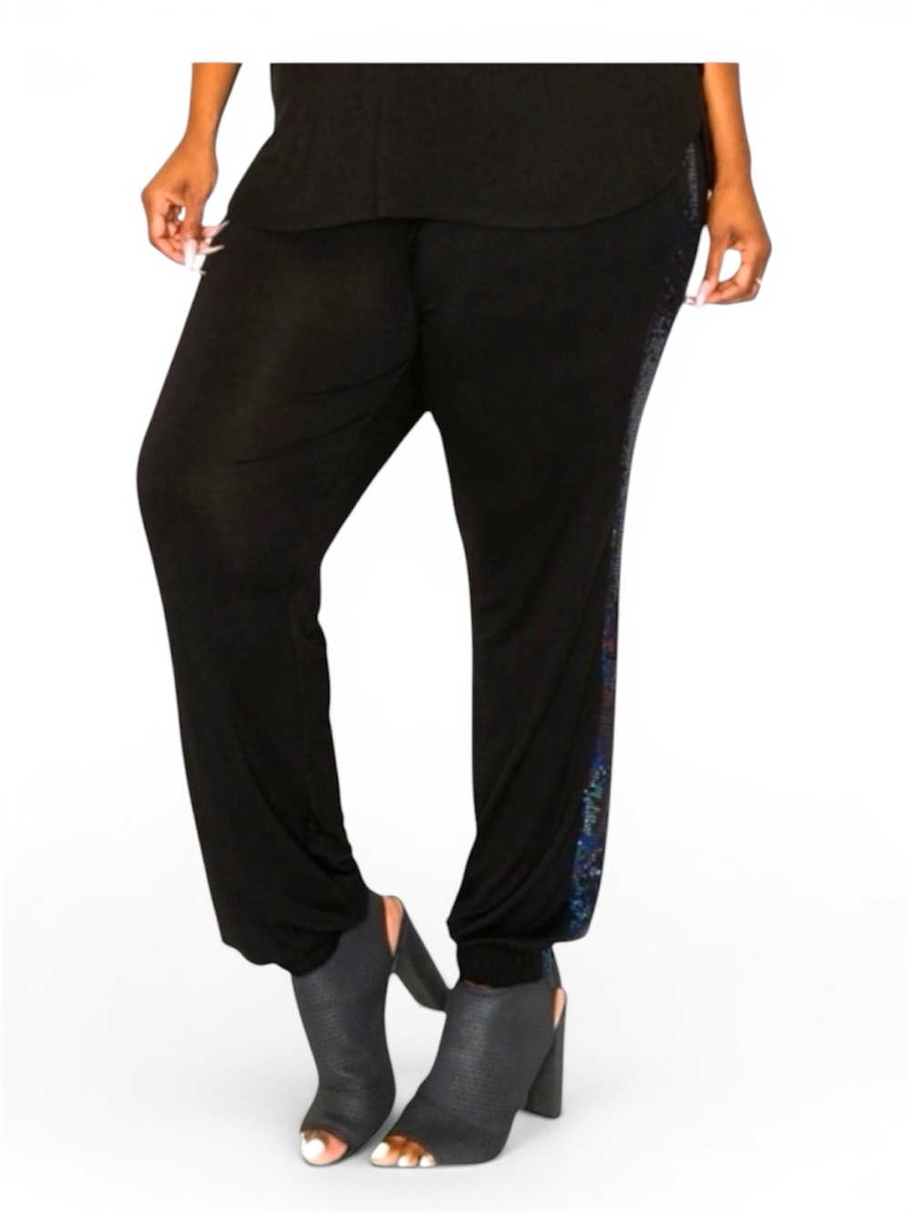 Coin 1804 Sequin Side Contrast Black Jogger Pants - Size 3X